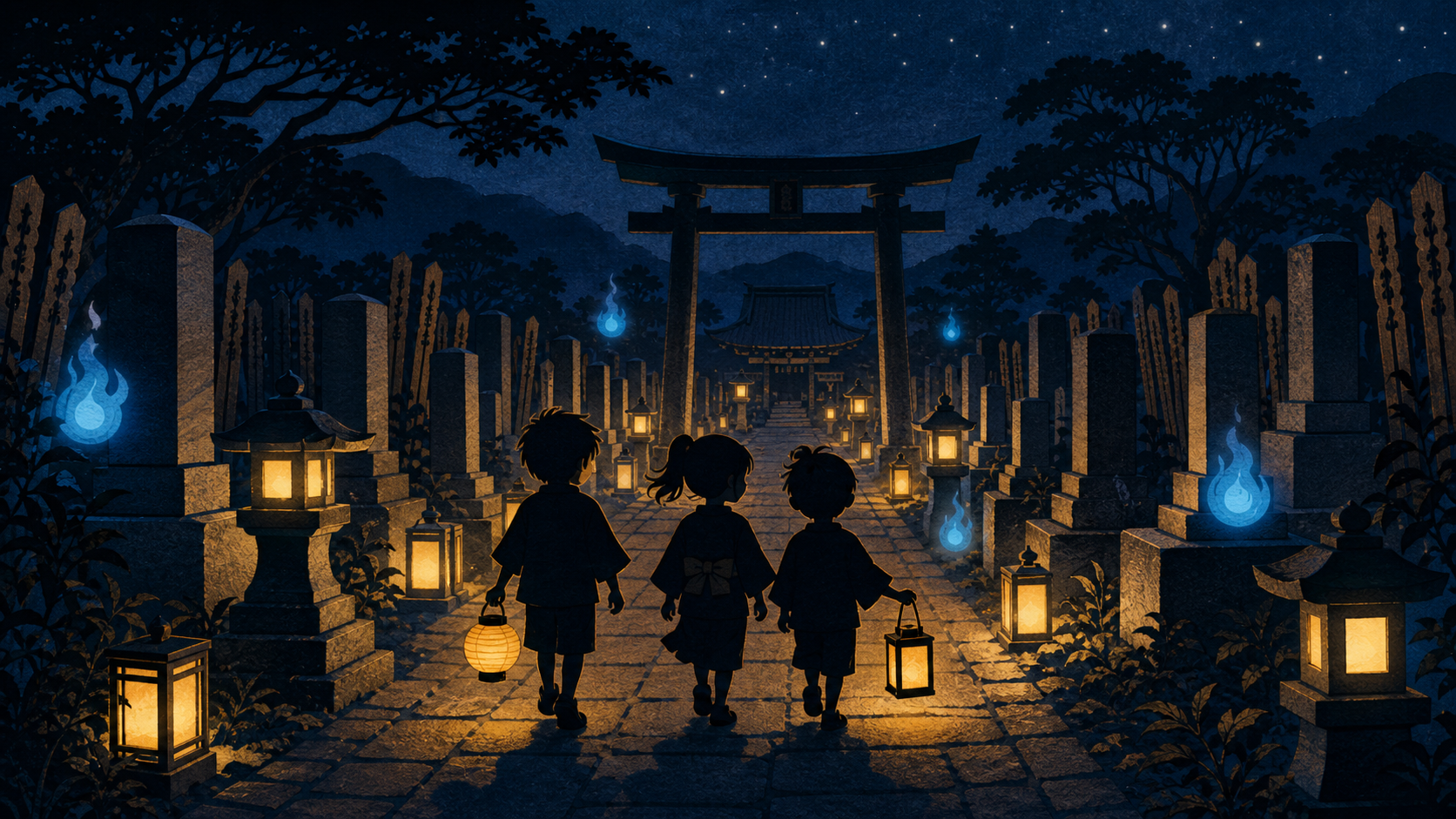 夜の墓地の参道を提灯を持って歩く子どもたちの切り絵風イラスト